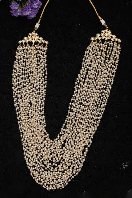 Shop Ruby Raang Gold Plated Hand Embellished Layered Long Necklace at Aza Fashions Shop_Ruby Raang_Gold Plated Hand Embellished Layered Long Necklace _at_Aza_Fashions