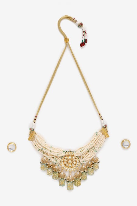 Ruby Raang White Beads, Pearls Beaded Hand Embellished Choker Necklace Set Online at Aza Fashions Ruby Raang_White Beads, Pearls Beaded Hand Embellished Choker Necklace Set_Online_at_Aza_Fashions