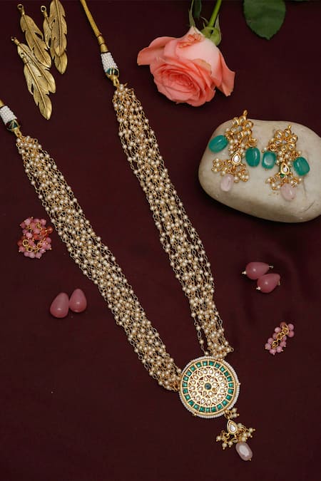 Ruby Raang Hand Embellished Long Pendant Necklace Set 