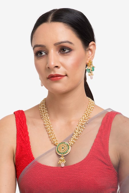 Ruby Raang Gold Plated Pearls, Beads Hand Embellished Long Pendant Necklace Set Online at Aza Fashions Ruby Raang_Gold Plated Pearls, Beads Hand Embellished Long Pendant Necklace Set _Online_at_Aza_Fashions