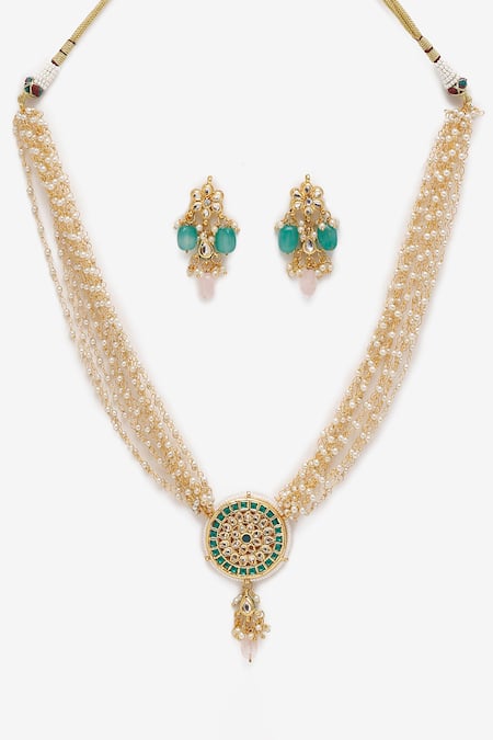 Buy Ruby Raang Gold Plated Pearls, Beads Hand Embellished Long Pendant Necklace Set Online at Aza Fashions Buy_Ruby Raang_Gold Plated Pearls, Beads Hand Embellished Long Pendant Necklace Set _Online_at_Aza_Fashions