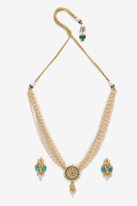 Shop Ruby Raang Gold Plated Pearls, Beads Hand Embellished Long Pendant Necklace Set Online at Aza Fashions Shop_Ruby Raang_Gold Plated Pearls, Beads Hand Embellished Long Pendant Necklace Set _Online_at_Aza_Fashions