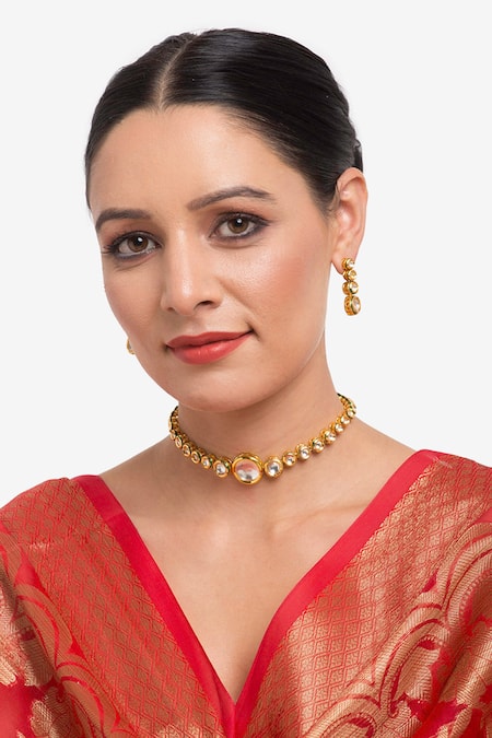 Ruby Raang Gold Plated Kundan Hand Embellished Choker Necklace Set 