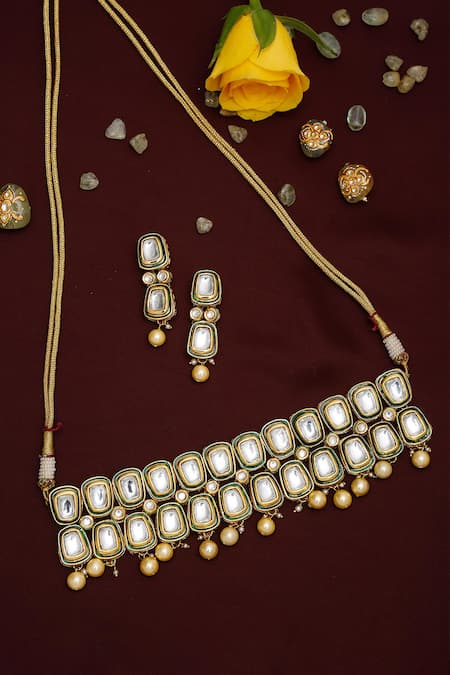 Shop_Ruby Raang_Gold Plated Diamonds, Stones Kundan Hand Work Choker Necklace Set _at_Aza_Fashions