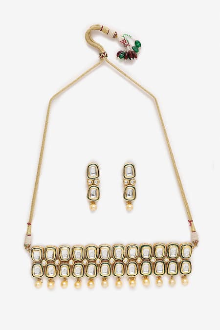 Shop_Ruby Raang_Gold Plated Diamonds, Stones Kundan Hand Work Choker Necklace Set _Online_at_Aza_Fashions