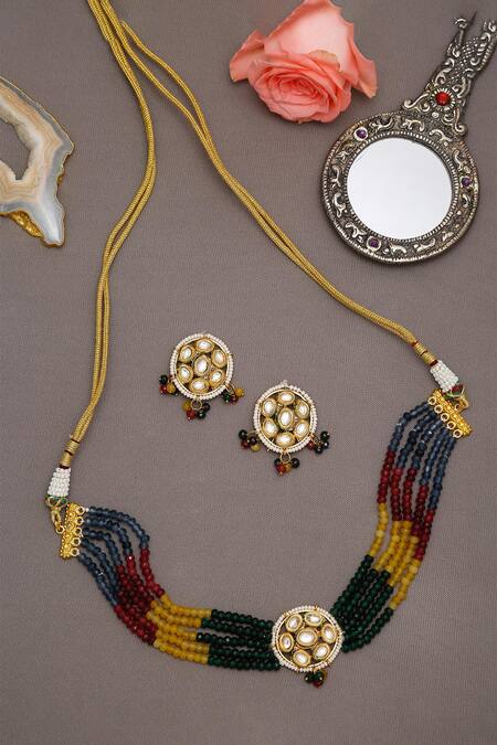 Shop_Ruby Raang_Multi Color Beads, Diamonds Beaded Embellished Choker Necklace Set_at_Aza_Fashions