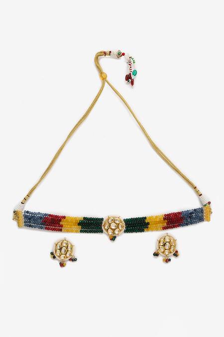 Ruby Raang_Multi Color Beads, Diamonds Beaded Embellished Choker Necklace Set_Online_at_Aza_Fashions