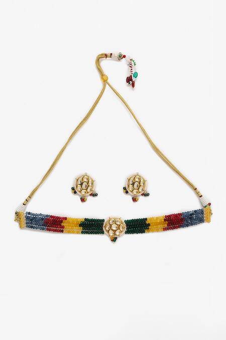 Buy_Ruby Raang_Multi Color Beads, Diamonds Beaded Embellished Choker Necklace Set_Online_at_Aza_Fashions
