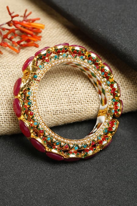 Ruby Raang Gold Pearl & Stone Embellished Bangle 