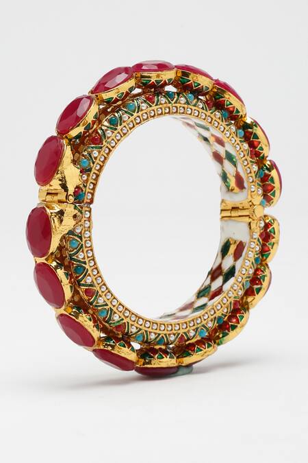 Ruby Raang_Gold Plated Pearls, Stones And Embellished Bangle _Online_at_Aza_Fashions