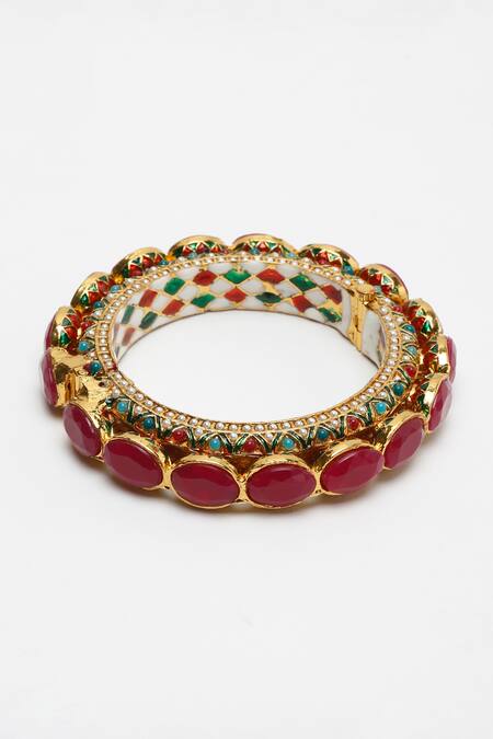 Buy_Ruby Raang_Gold Plated Pearls, Stones And Embellished Bangle _Online_at_Aza_Fashions