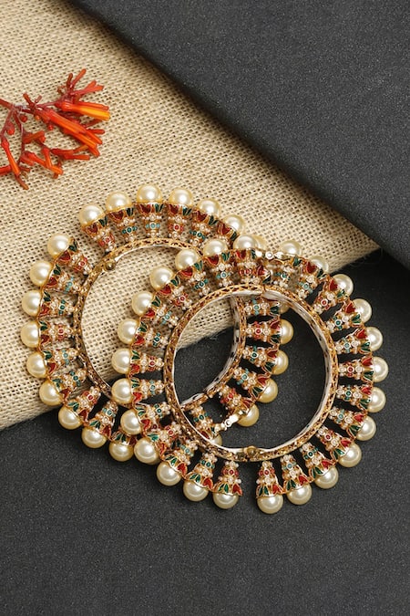 Shop Ruby Raang Gold Plated Pearls, Stones Embellished Bangles- Set Of 2 at Aza Fashions Shop_Ruby Raang_Gold Plated Pearls, Stones Embellished Bangles- Set Of 2 _at_Aza_Fashions