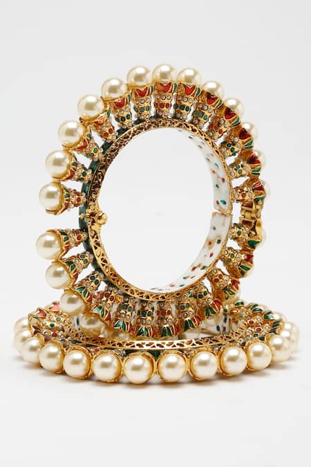 Ruby Raang Gold Plated Pearls, Stones Embellished Bangles- Set Of 2 Online at Aza Fashions Ruby Raang_Gold Plated Pearls, Stones Embellished Bangles- Set Of 2 _Online_at_Aza_Fashions