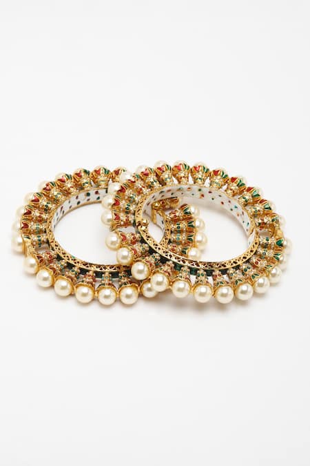 Buy Ruby Raang Gold Plated Pearls, Stones Embellished Bangles- Set Of 2 Online at Aza Fashions Buy_Ruby Raang_Gold Plated Pearls, Stones Embellished Bangles- Set Of 2 _Online_at_Aza_Fashions