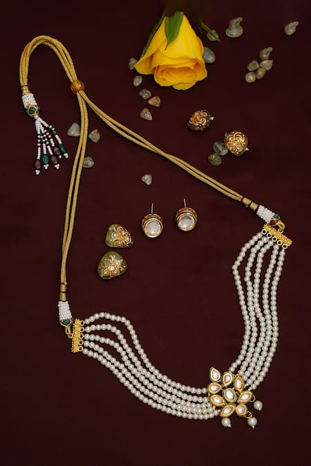 Shop_Ruby Raang_Gold Plated Pearls Kundan Floral Choker Set _at_Aza_Fashions
