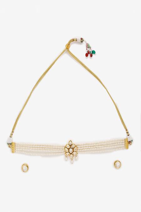 Buy_Ruby Raang_Gold Plated Pearls Kundan Floral Choker Set _Online_at_Aza_Fashions