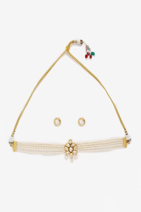 Shop_Ruby Raang_Gold Plated Pearls Kundan Floral Choker Set _Online_at_Aza_Fashions