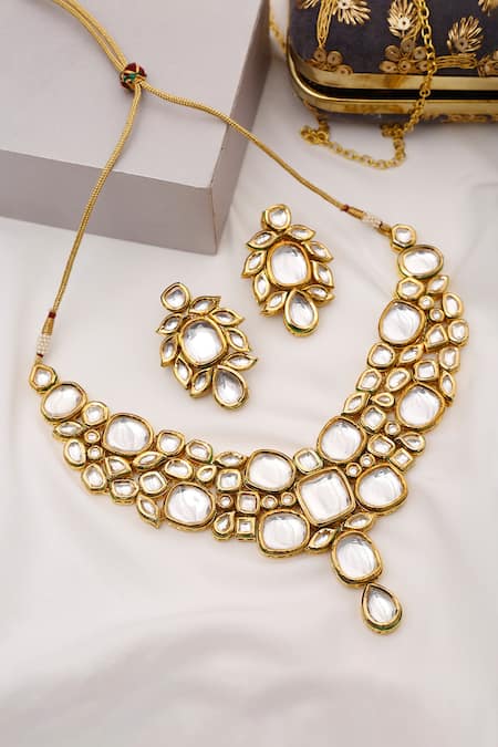 Shop Ruby Raang Gold Plated Diamonds, Stones Kundan Cluster Necklace Set at Aza Fashions Shop_Ruby Raang_Gold Plated Diamonds, Stones Kundan Cluster Necklace Set _at_Aza_Fashions