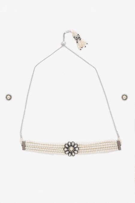 Shop_Ruby Raang_Gold Plated Pearls, Diamonds Floral Kundan Choker Set_Online_at_Aza_Fashions