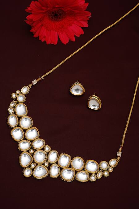 Shop_Ruby Raang_Gold Plated Imitation Diamonds Clustered Kundan Necklace Set _at_Aza_Fashions
