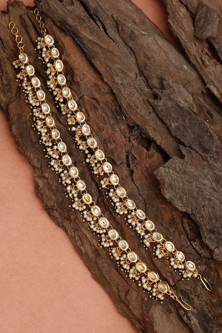 Shop_Ruby Raang_Gold Plated Pearls Kundan Tasselled Payals- Set Of 2 _at_Aza_Fashions