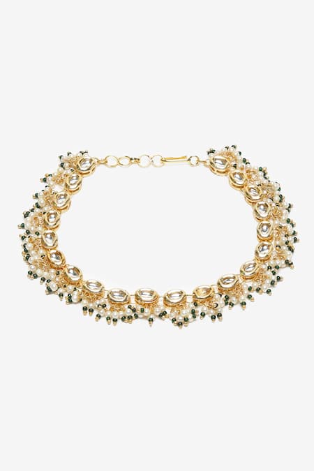 Shop_Ruby Raang_Gold Plated Pearls Kundan Tasselled Payals- Set Of 2 _Online_at_Aza_Fashions