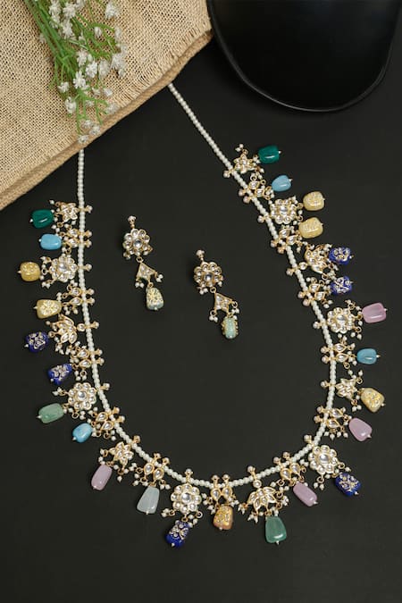 Shop Ruby Raang Multi Color Beads, Diamonds Kundan Embellished Long Necklace Set at Aza Fashions Shop_Ruby Raang_Multi Color Beads, Diamonds Kundan Embellished Long Necklace Set _at_Aza_Fashions
