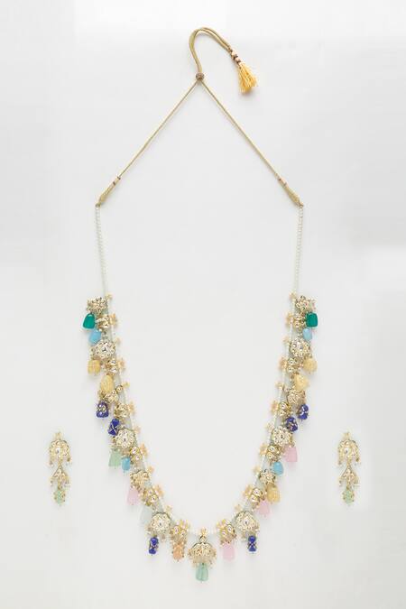 Ruby Raang Multi Color Beads, Diamonds Kundan Embellished Long Necklace Set Online at Aza Fashions Ruby Raang_Multi Color Beads, Diamonds Kundan Embellished Long Necklace Set _Online_at_Aza_Fashions