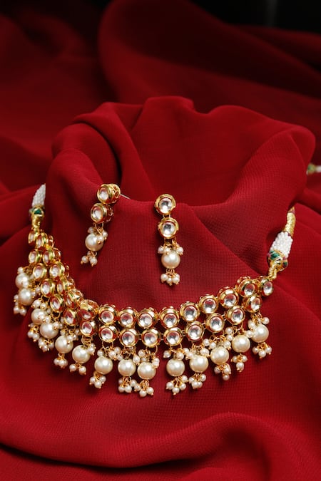 Shop Ruby Raang Gold Plated Beads, Diamonds, Stones Kundan Embellished Choker Set at Aza Fashions Shop_Ruby Raang_Gold Plated Beads, Diamonds, Stones Kundan Embellished Choker Set _at_Aza_Fashions