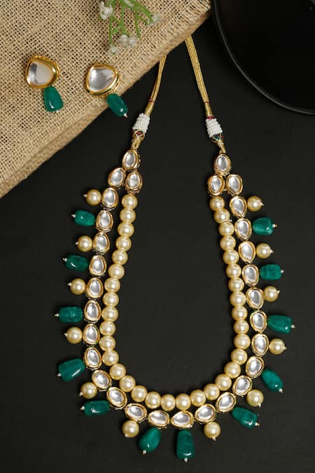 Shop Ruby Raang Green Stones, Diamonds Long Layered Kundan And Earrings Set at Aza Fashions Shop_Ruby Raang_Green Stones, Diamonds Long Layered Kundan And Earrings Set _at_Aza_Fashions