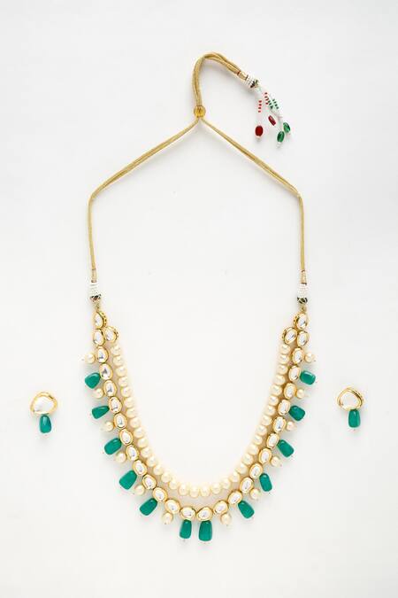 Ruby Raang Green Stones, Diamonds Long Layered Kundan And Earrings Set Online at Aza Fashions Ruby Raang_Green Stones, Diamonds Long Layered Kundan And Earrings Set _Online_at_Aza_Fashions