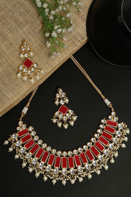 Shop Ruby Raang Red Stones Geometric Embellished Kundan Necklace Set at Aza Fashions Shop_Ruby Raang_Red Stones Geometric Embellished Kundan Necklace Set _at_Aza_Fashions