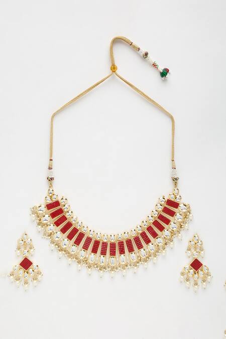Ruby Raang Red Stones Geometric Embellished Kundan Necklace Set Online at Aza Fashions Ruby Raang_Red Stones Geometric Embellished Kundan Necklace Set _Online_at_Aza_Fashions