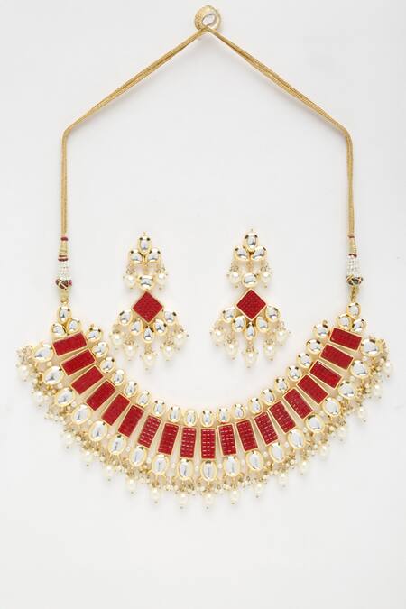 Buy Ruby Raang Red Stones Geometric Embellished Kundan Necklace Set Online at Aza Fashions Buy_Ruby Raang_Red Stones Geometric Embellished Kundan Necklace Set _Online_at_Aza_Fashions