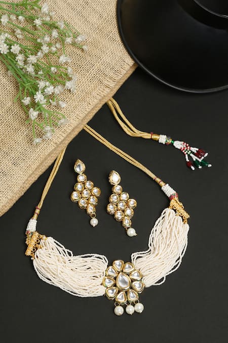 Shop Ruby Raang White Beads, Diamonds Floral Kundan Brooch Choker Set at Aza Fashions Shop_Ruby Raang_White Beads, Diamonds Floral Kundan Brooch Choker Set _at_Aza_Fashions