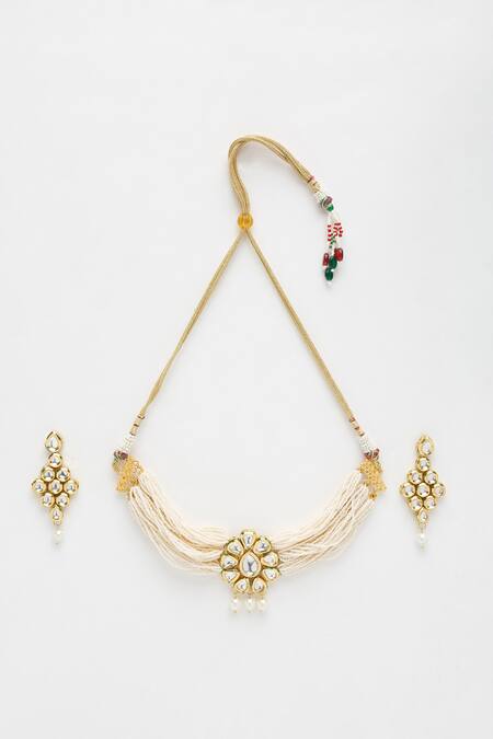 Ruby Raang White Beads, Diamonds Floral Kundan Brooch Choker Set Online at Aza Fashions Ruby Raang_White Beads, Diamonds Floral Kundan Brooch Choker Set _Online_at_Aza_Fashions