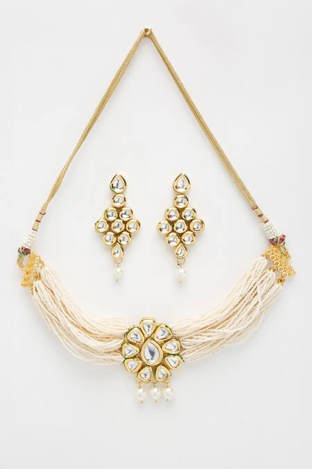 Buy Ruby Raang White Beads, Diamonds Floral Kundan Brooch Choker Set Online at Aza Fashions Buy_Ruby Raang_White Beads, Diamonds Floral Kundan Brooch Choker Set _Online_at_Aza_Fashions
