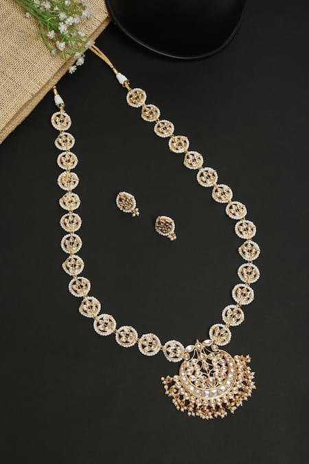 Shop Ruby Raang Gold Plated Beads, Diamonds Kundan Chaand Pendant Long Necklace Set at Aza Fashions Shop_Ruby Raang_Gold Plated Beads, Diamonds Kundan Chaand Pendant Long Necklace Set _at_Aza_Fashions