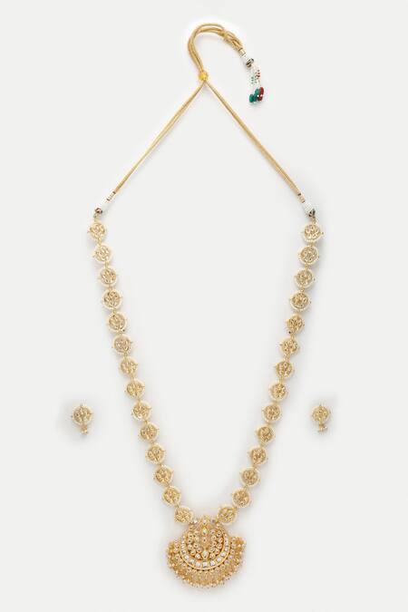 Ruby Raang Gold Plated Beads, Diamonds Kundan Chaand Pendant Long Necklace Set Online at Aza Fashions Ruby Raang_Gold Plated Beads, Diamonds Kundan Chaand Pendant Long Necklace Set _Online_at_Aza_Fashions