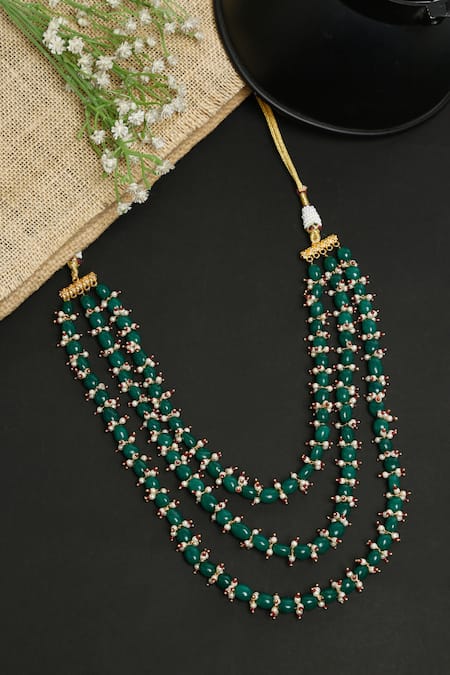Shop Ruby Raang Green Triple Layered Stone Embellished Necklace at Aza Fashions Shop_Ruby Raang_Green Triple Layered Stone Embellished Necklace _at_Aza_Fashions