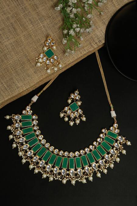 Shop Ruby Raang Green Stones, Diamonds Geometric Embellished Necklace Set at Aza Fashions Shop_Ruby Raang_Green Stones, Diamonds Geometric Embellished Necklace Set _at_Aza_Fashions