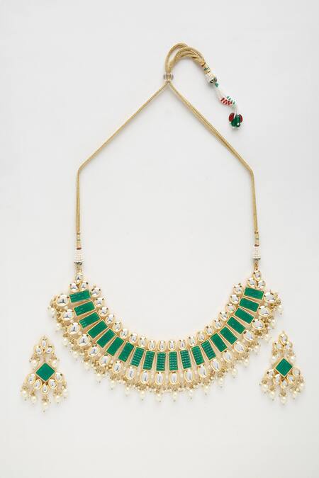 Ruby Raang Green Stones, Diamonds Geometric Embellished Necklace Set Online at Aza Fashions Ruby Raang_Green Stones, Diamonds Geometric Embellished Necklace Set _Online_at_Aza_Fashions