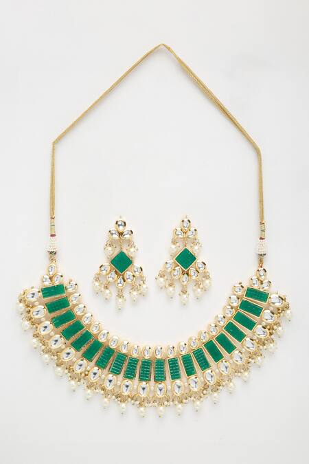 Buy Ruby Raang Green Stones, Diamonds Geometric Embellished Necklace Set Online at Aza Fashions Buy_Ruby Raang_Green Stones, Diamonds Geometric Embellished Necklace Set _Online_at_Aza_Fashions