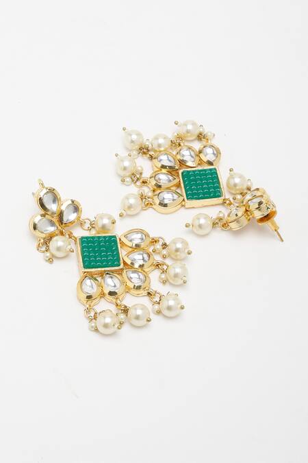 Shop Ruby Raang Green Stones, Diamonds Geometric Embellished Necklace Set Online at Aza Fashions Shop_Ruby Raang_Green Stones, Diamonds Geometric Embellished Necklace Set _Online_at_Aza_Fashions