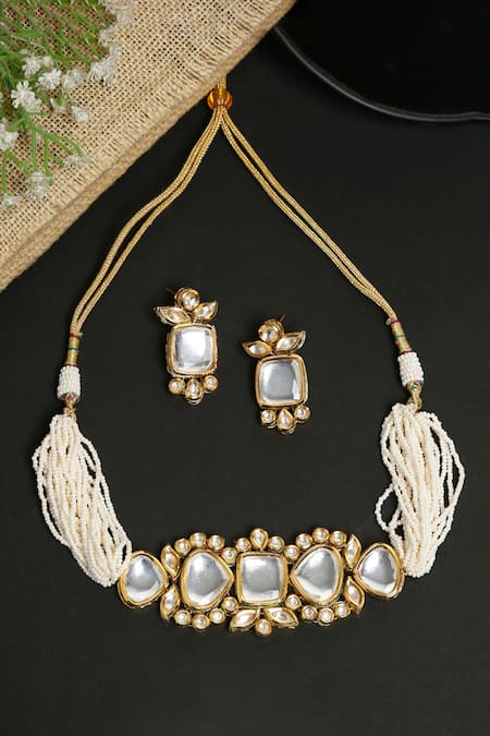 Shop Ruby Raang Gold Plated Beads Kundan Studded Choker Set at Aza Fashions Shop_Ruby Raang_Gold Plated Beads Kundan Studded Choker Set _at_Aza_Fashions