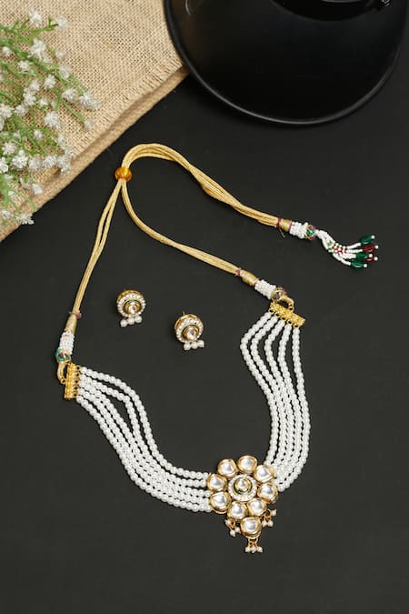 Shop Ruby Raang White Pearls, Stones Layered String Necklace Set at Aza Fashions Shop_Ruby Raang_White Pearls, Stones Layered String Necklace Set _at_Aza_Fashions
