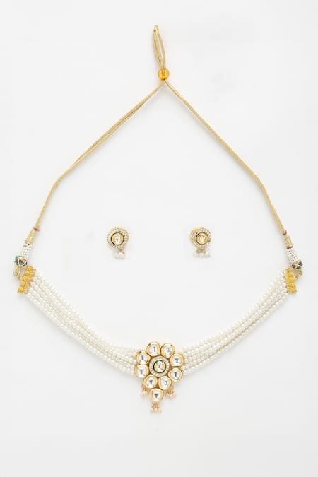 Ruby Raang White Pearls, Stones Layered String Necklace Set Online at Aza Fashions Ruby Raang_White Pearls, Stones Layered String Necklace Set _Online_at_Aza_Fashions