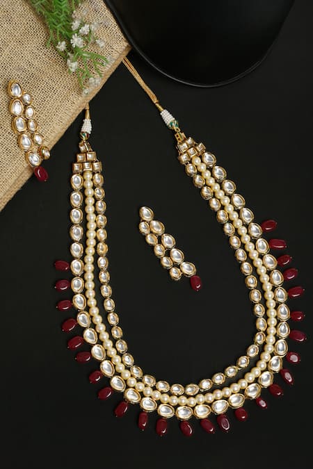 Shop Ruby Raang Maroon Beads, Stones, Diamonds Long Kundan Layered Necklace Set at Aza Fashions Shop_Ruby Raang_Maroon Beads, Stones, Diamonds Long Kundan Layered Necklace Set _at_Aza_Fashions