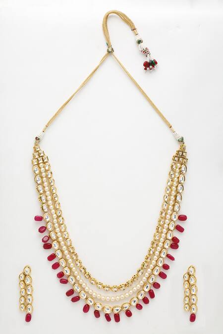 Ruby Raang_Maroon Beads, Stones, Diamonds Long Kundan Layered Necklace Set _Online_at_Aza_Fashions