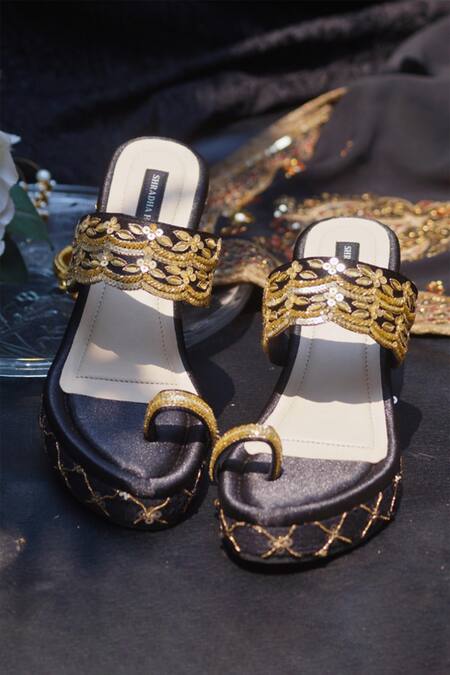 Buy_Shradha Hedau Footwear Couture_Black Zari Thread Rihanna Embroidered Wedges _Online_at_Aza_Fashions